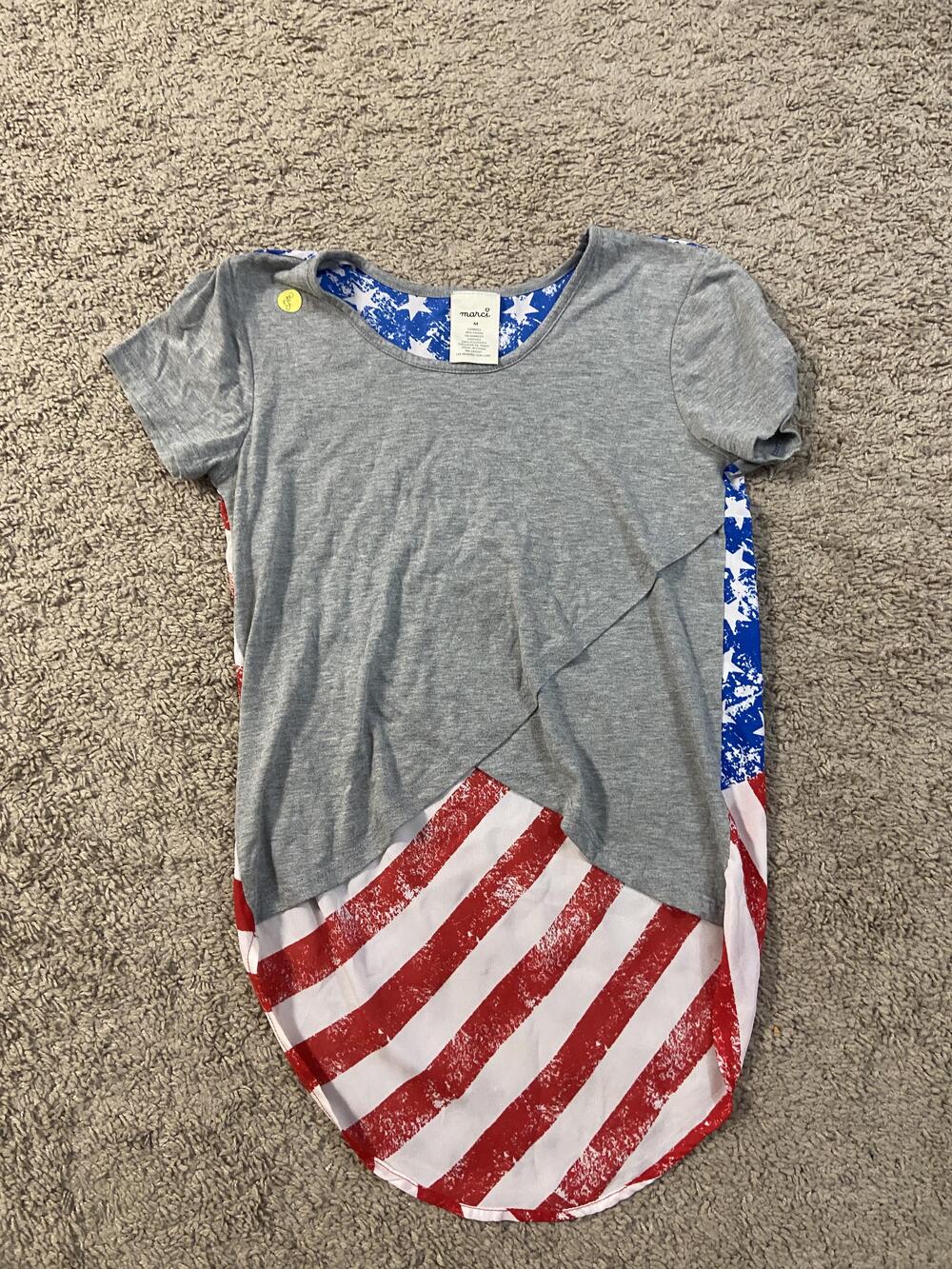Marci Shirt Womens Medium Gray USA Flag Back Asymmetrical High Low Top